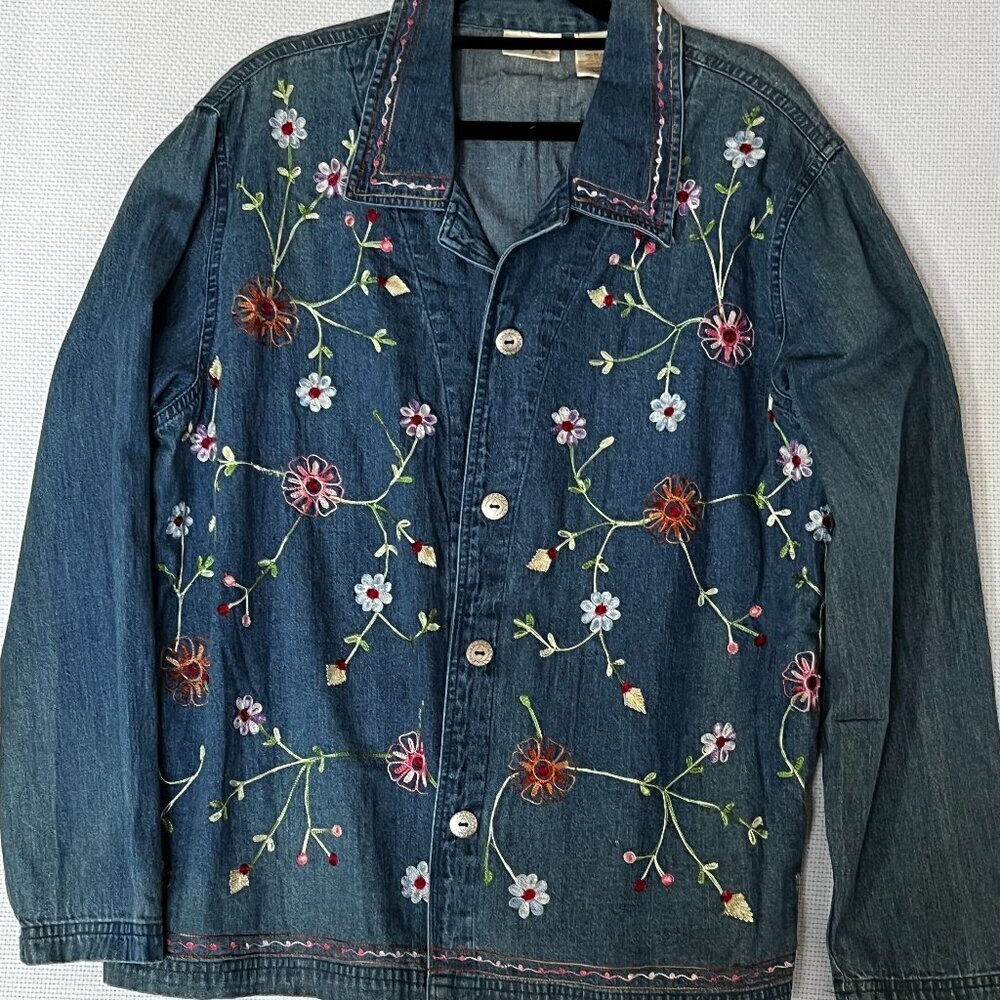 Bobbie Brooks Floral‎ Embroidered Denim Jacket Medium Summer Grandmother Size XL